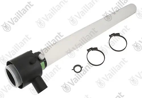 Vaillant Abgasrohr mit einem Anschluss aus Kunststoff und zwei Spannringen, geeignet für die Verbindung im Heizungsbereich.